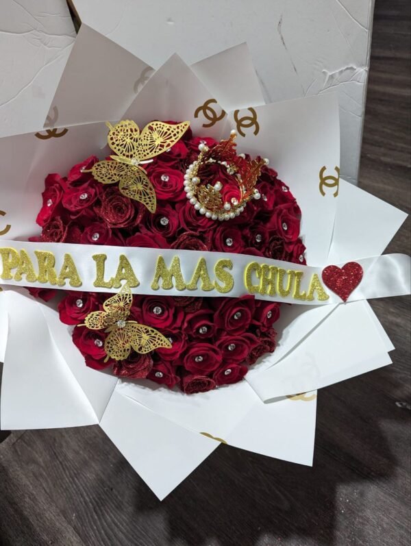 Bouquet of 12 Or 24 Natural Roses with Custom Ribbon and Gold Butterflies - Image 2