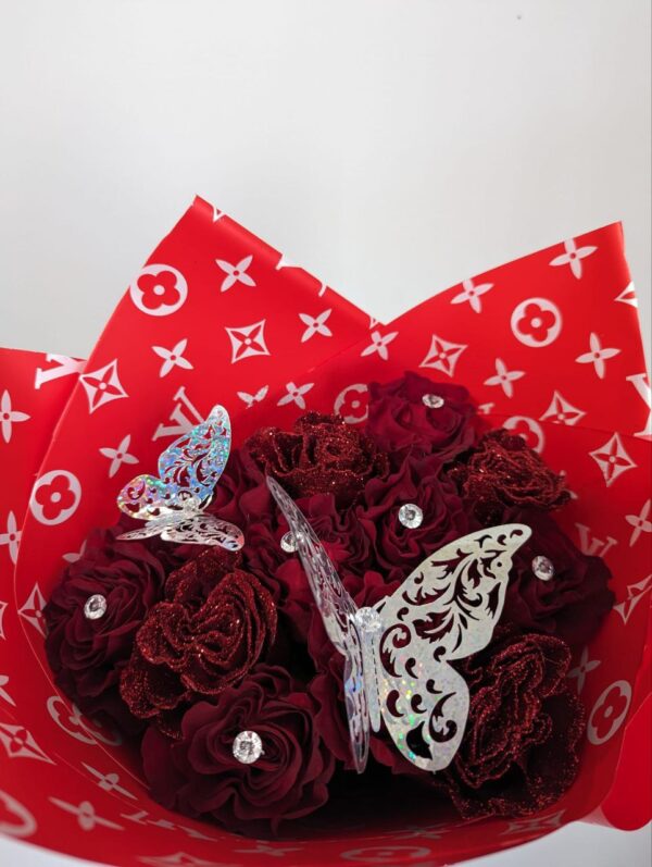 Bouquet of 12 Or 24 Natural Roses with Custom Ribbon and Gold Butterflies - Image 3