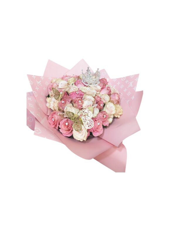 Bouquet of 100 or 200 natural Roses with Crown and Butterfly (Buchon) - Image 2